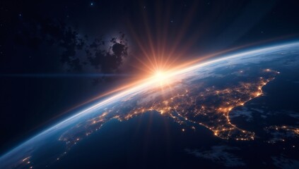 Earth From Space During Sunrise with Glowing City Lights