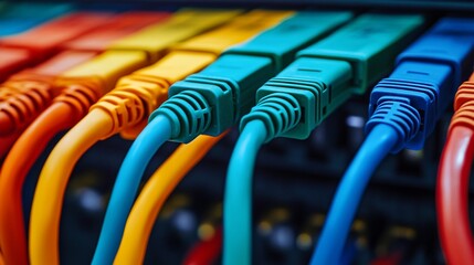 Vibrant network cables connected in precise alignment, showcasing technological connectivity and colorful infrastructure of modern digital communication systems.