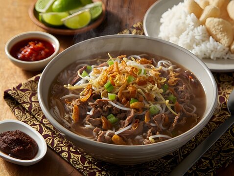 Traditional Indonesian Soto Soup with Noodles and Vegetables