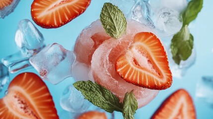 Refreshing Strawberry Slush with Mint and Ice on Blue Background