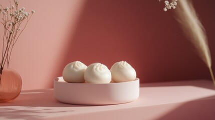 Minimalist Background with Soft Light and Chinese Bao Buns in Focus