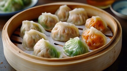 Colorful Dumplings in Bamboo Steamer on Wooden Table