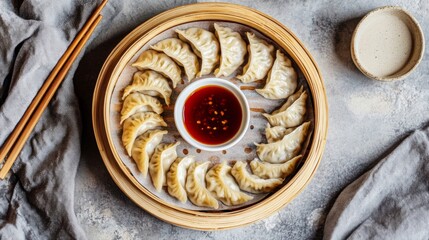 Fresh Chinese Dumplings in Bamboo Steamer with Dipping Sauce
