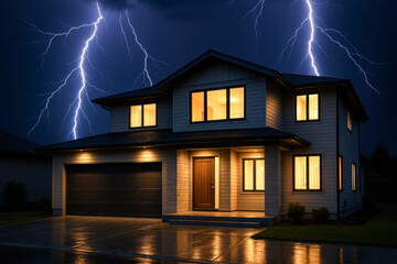 A Striking Modern Home Stand Out Against the Dramatic Night Sky Illuminated by Powerful Lightning Strikes and Rainy Reflections