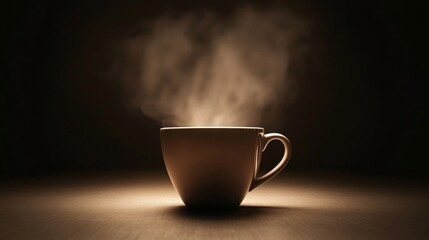 Minimalist Coffee Cup with Steam in Dark Cinematic Backdrop