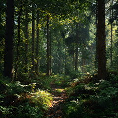 Obraz premium Tranquil Woodland Escape: A Sun-dappled Forest Path Through Lush Green Trees and Whispering Leaves