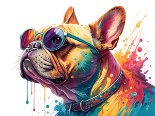 A colorful french bulldog wearing sunglasses and a collar on a white background art illustration