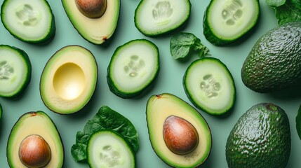 Fresh Cucumber and Avocado Salad Ingredients on Minimalist Backdrop