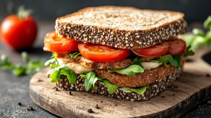 Fresh Danish Smørrebrød Sandwich with Tomato and Greens on Wood Board