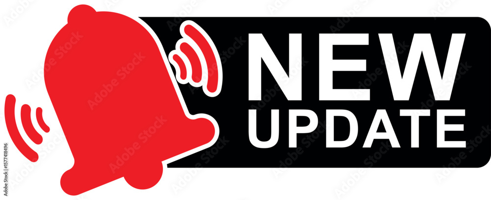 Aufkleber red bell icon with sound waves and bold new update label on black background for notification or ale