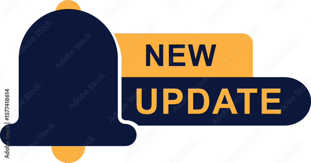 Aufkleber flat new update notification icon with bell symbol and bold text in yellow and navy colors for alert