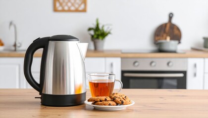 Modern electric kettle with glass cup of hot tea and sweet cookies on wooden table in kitchen