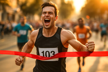 Triumphant Runner Celebrates Victory as He Crosses Finish Line, Cheered by the Crowd Amidst Energetic Atmosphere of Competition and Achievement