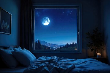 Dark, starlit night sky visible through a bedroom window, moonlight illuminating the ceiling, creating a serene and peaceful atmosphere , beauty, galaxy, ceiling
