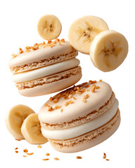 Isolated transparent png Floating Macarons with Fresh Fruit Delicious macarons topped with banana slices and nuts, showcasing a sweet confectionery treat.