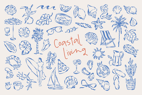Coastal living hand drawn illustration collection. Travel doodles. Art for postcards, menu, print posters, packaging design.