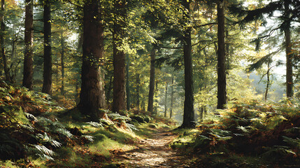 Obraz premium Tranquil Woodland Escape: A Sun-dappled Forest Path Through Lush Green Trees and Whispering Leaves