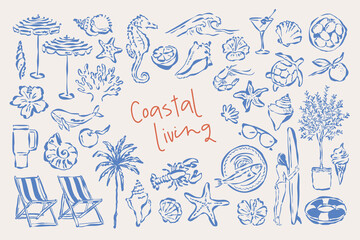 Coastal living hand drawn illustration collection. Travel doodles. Art for postcards, menu, print posters, packaging design.