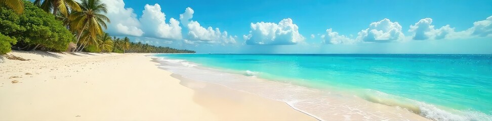 Obraz premium Endless expanse of golden sand meeting the tranquil turquoise ocean, a breathtaking horizontal vista of a pristine beach paradise , beach, texture, bright