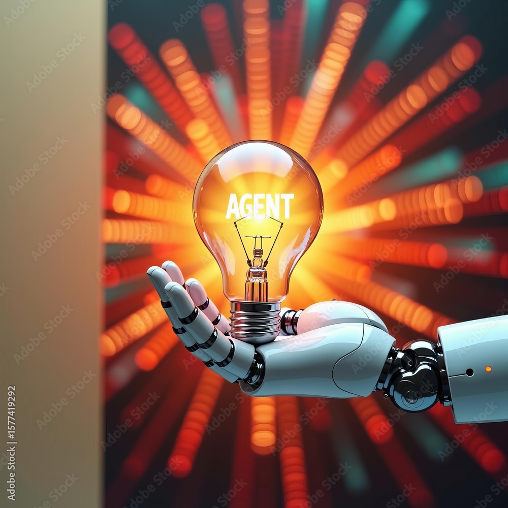 Poster artificial intelligence innovation and creative agent concepts with robotic hand holding light bulb 