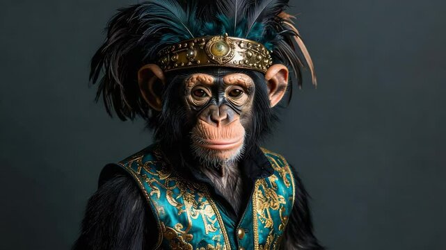 Playful monkey dressed in colorful costume posing cheerfully in a fun and whimsical scene