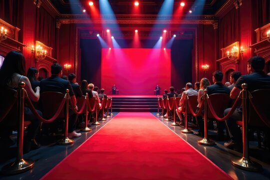Glamorous theatre red carpet premiere event, flashing cameras, elegant decorations, anticipation and excitement building for the big show , awards, shine, publicity