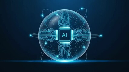 A glowing blue sphere with an ai chip and orbiting lights represents the concept of artificial intelligence and its global impact - Powered by Adobe