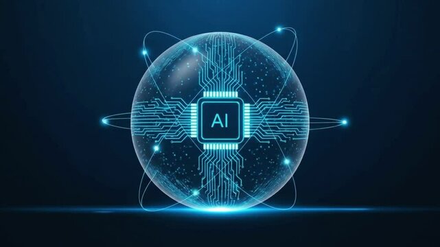 A glowing blue sphere with an ai chip and orbiting lights represents the concept of artificial intelligence and its global impact
