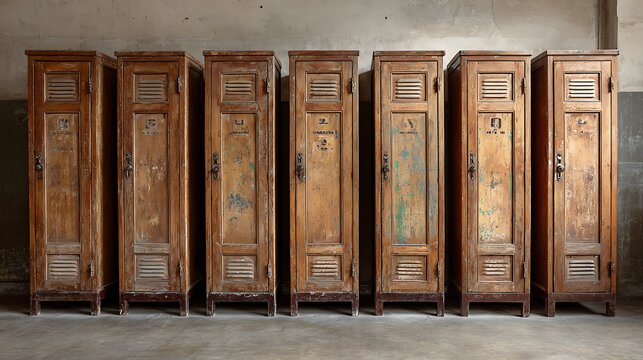 Row of Rustic Wooden Lockers Vintage Storage Units