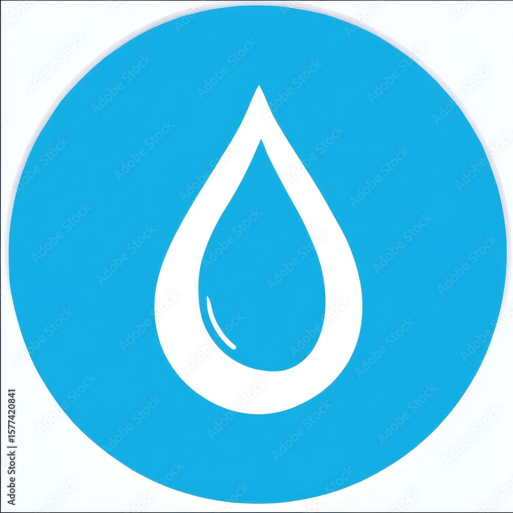 Poster minimalistic white water-drop shape centered on bright blue circular background with smooth outline,