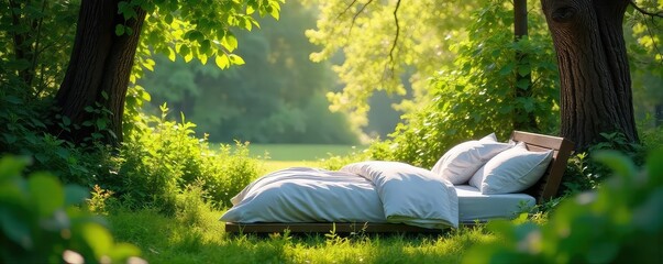 Serene nature scene featuring a comfortable bed nestled amongst lush greenery, sunlight dappling through leaves Perfect for relaxation and escape themes , wilderness, summer, sanctuary