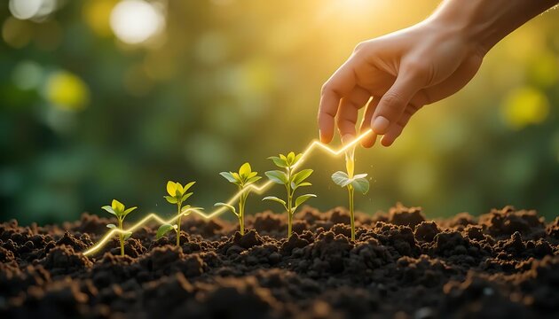 Hand guiding a growing line graph over sprouting plants in soil, symbolizing growth.