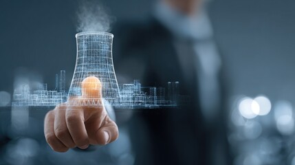 Hand showing a small, holographic model of a nuclear power plant. Business concept in the field of nuclear technology.