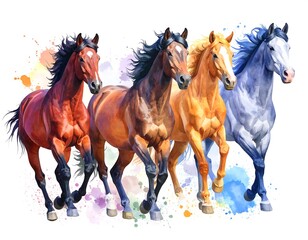 Fototapeta premium Four galloping horses in vibrant colors, watercolor style