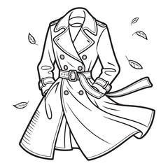 Outline drawing of a trench coat with falling leaves around