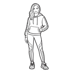 Line art of a woman in sportswear with hoodie and leggings