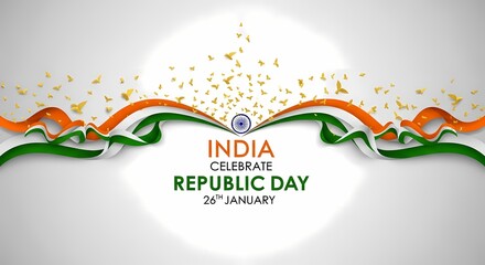 Graphic design celebrating India's Republic Day with the Indian flag colors and the text "India Celebrate Republic Day 26th January" on a white background.
