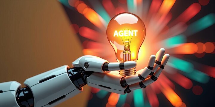 Artificial intelligence innovation and creative thinking concept with robot hand holding glowing lightbulb labeled agent