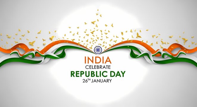 Graphic design celebrating India's Republic Day with the Indian flag colors and the text "India Celebrate Republic Day 26th January" on a white background. - Powered by Adobe