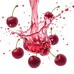 Refreshing cherry juice splashes among ripe cherries against a dark backdrop, perfect for beverage and fruit concepts, transparent background