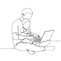 Father working on laptop with baby sitting on his lap  