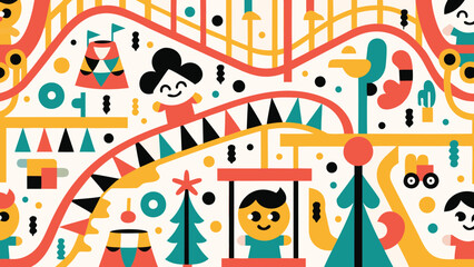 Illustration of a colorful amusement park scene with children and attractions in a flat style