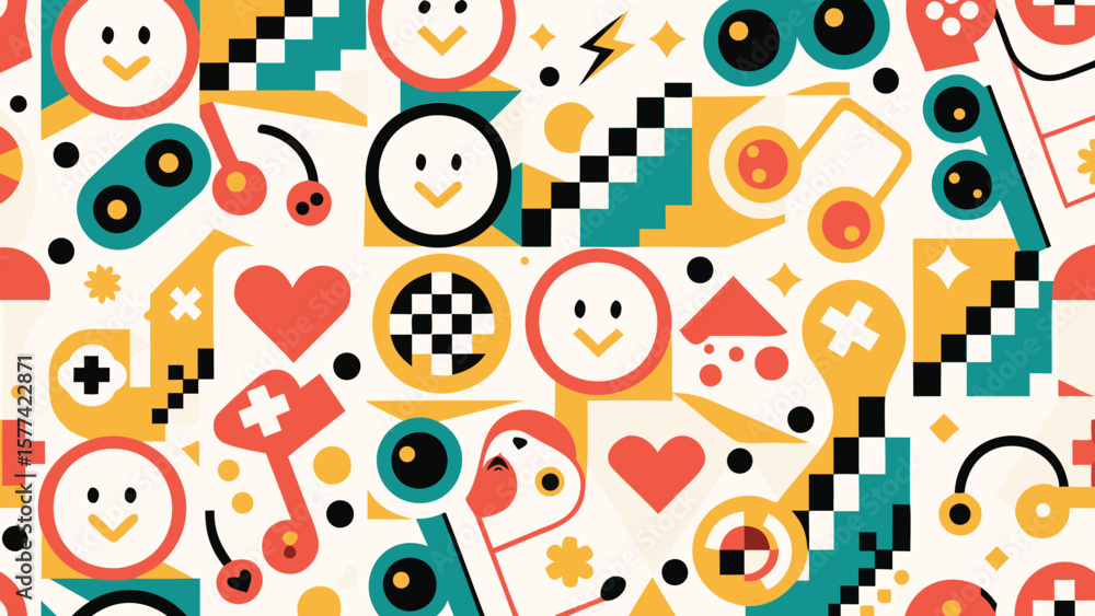 Poster geometric pattern with smiling faces hearts and pixelated shapes in vibrant colors on a white backgr