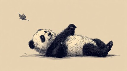 A panda cub lying on its side, looking upward, with a leaf in the air