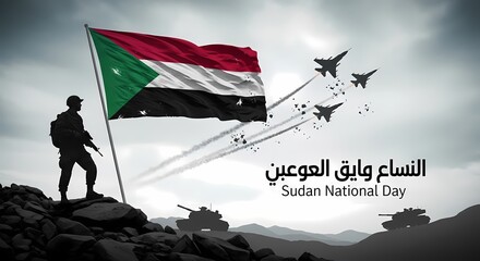 Silhouette of a soldier holding the Sudanese flag on a rocky terrain with fighter jets and tanks in the background, commemorating Sudan National Day.