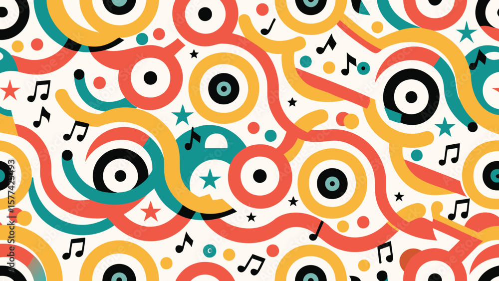 Aufkleber colorful retro pattern with circles stars musical notes and curved lines in a seamless design style 