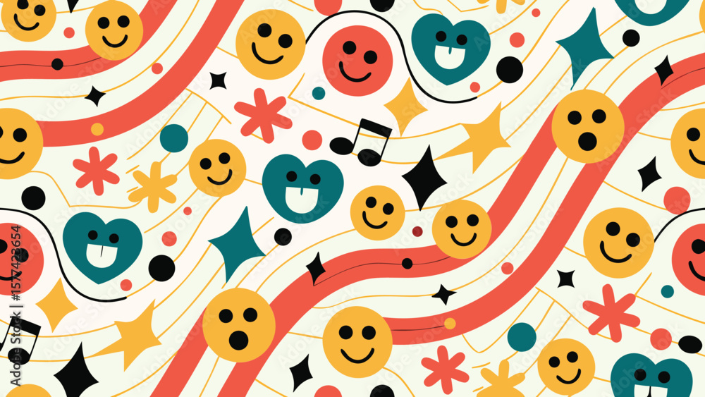 Poster retro pattern with smiley faces hearts stars music notes and wavy lines on a light background design