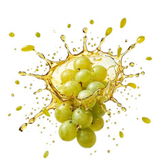 Fresh green grapes burst with juicy flavor surrounded by a splash of golden liquid, a vibrant display against a transparent background.