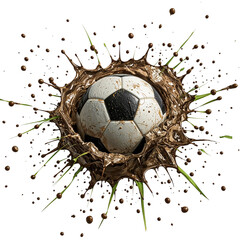 Muddy splash surrounds a soccer ball, showcasing energy and action against a dark backdrop, perfect for sports-themed designs, transparent background