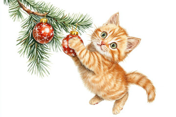 A ginger kitten grabs a Christmas tree toy on a branch